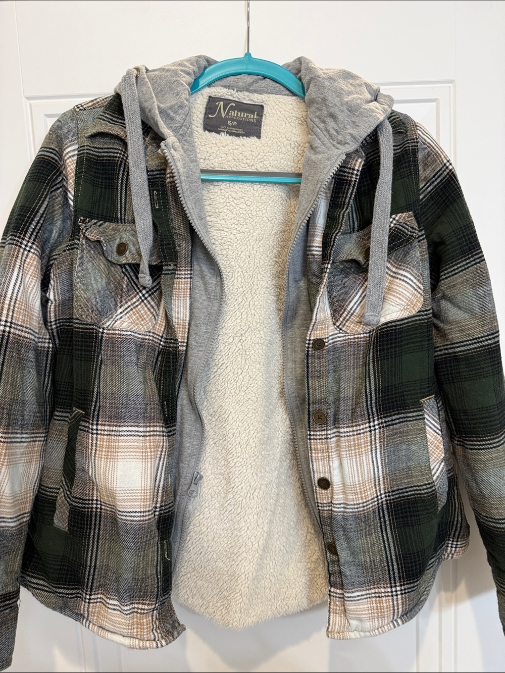 Natural Reflections Women's Plaid Sherpa-Lined Hooded Jacket - Green/Gray/Tan